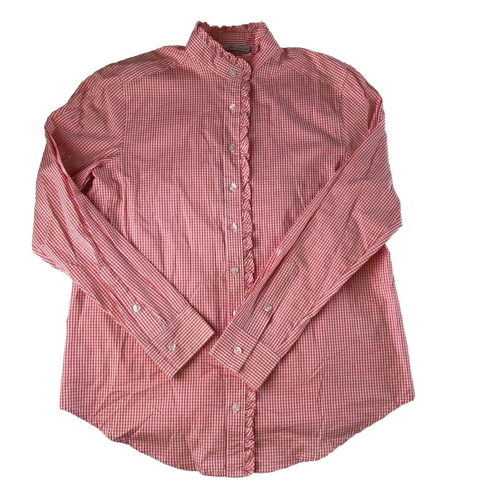 Signature Collection Pink Gingham Ruffle Neck Button Down Shirt Size Small